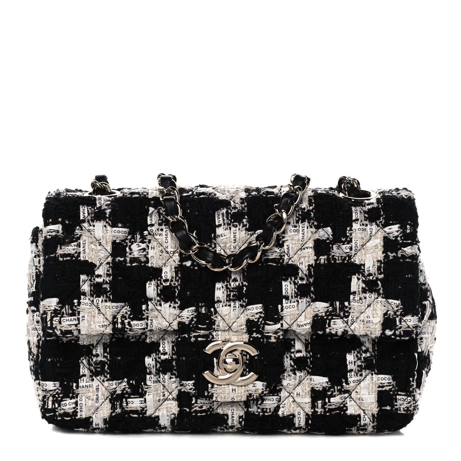 Chanel Tweed Quilted Mini Rectangular Flap Black Ecru White 1 of 16