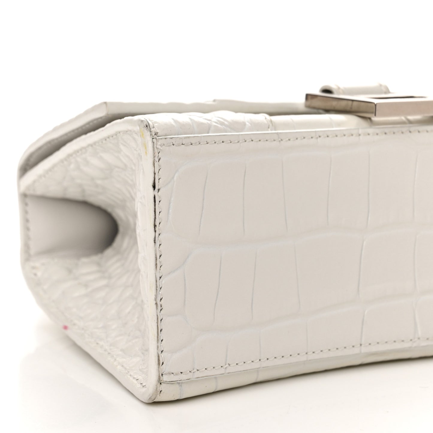 Shiny Calfskin Crocodile Embossed Hourglass Top Handle Bag XS White