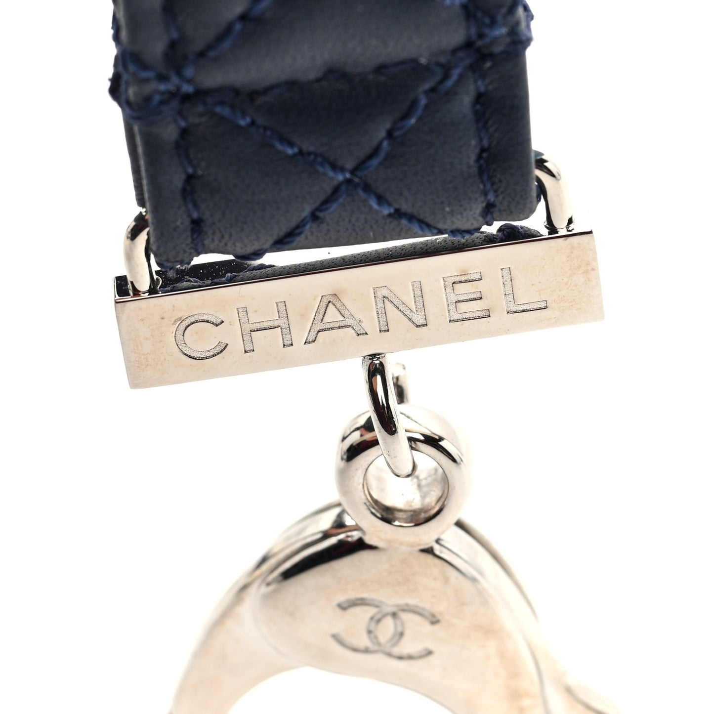 Lambskin Quilted Lanyard Key Holder Necklace Navy