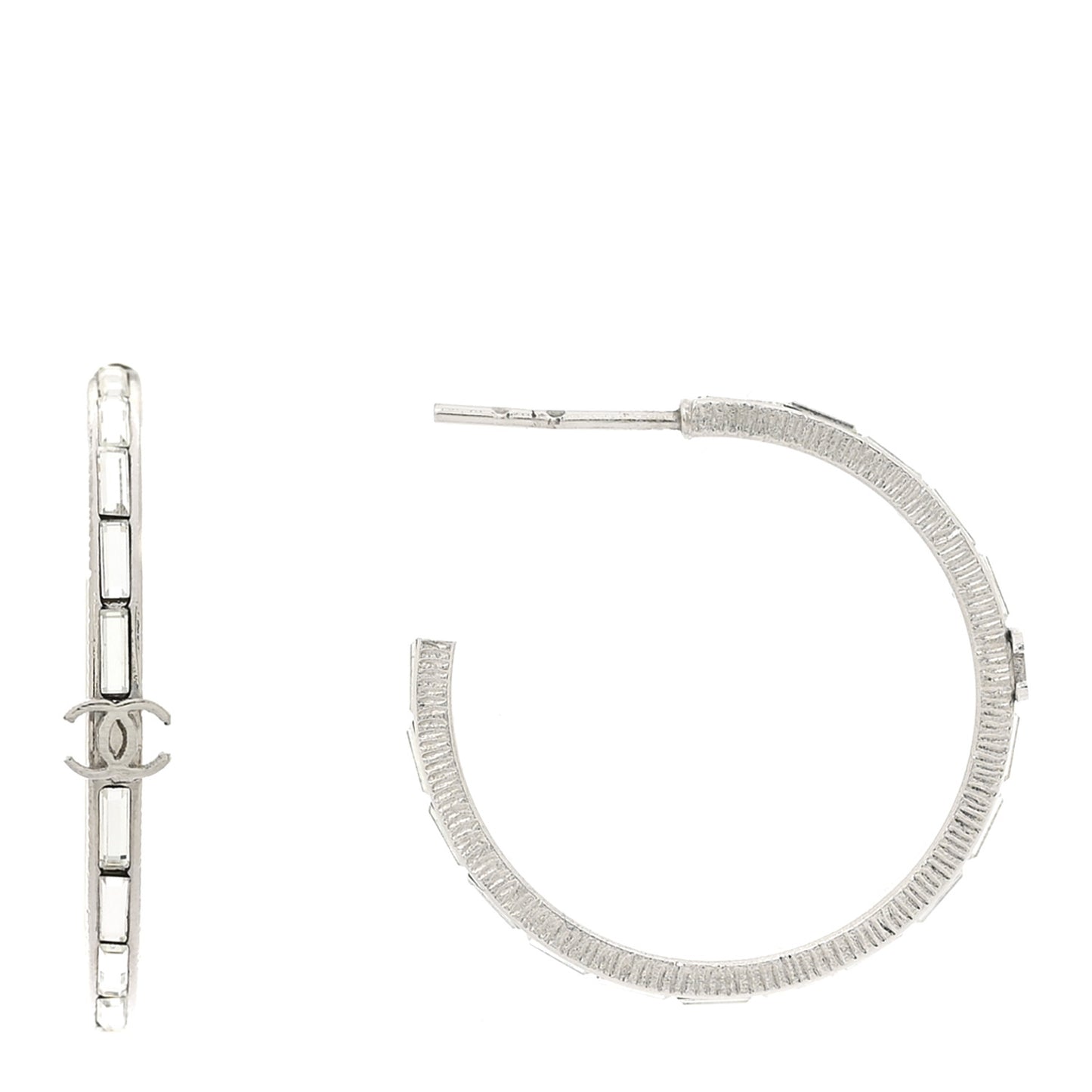 Baguette Crystal CC Hoop Earrings Silver