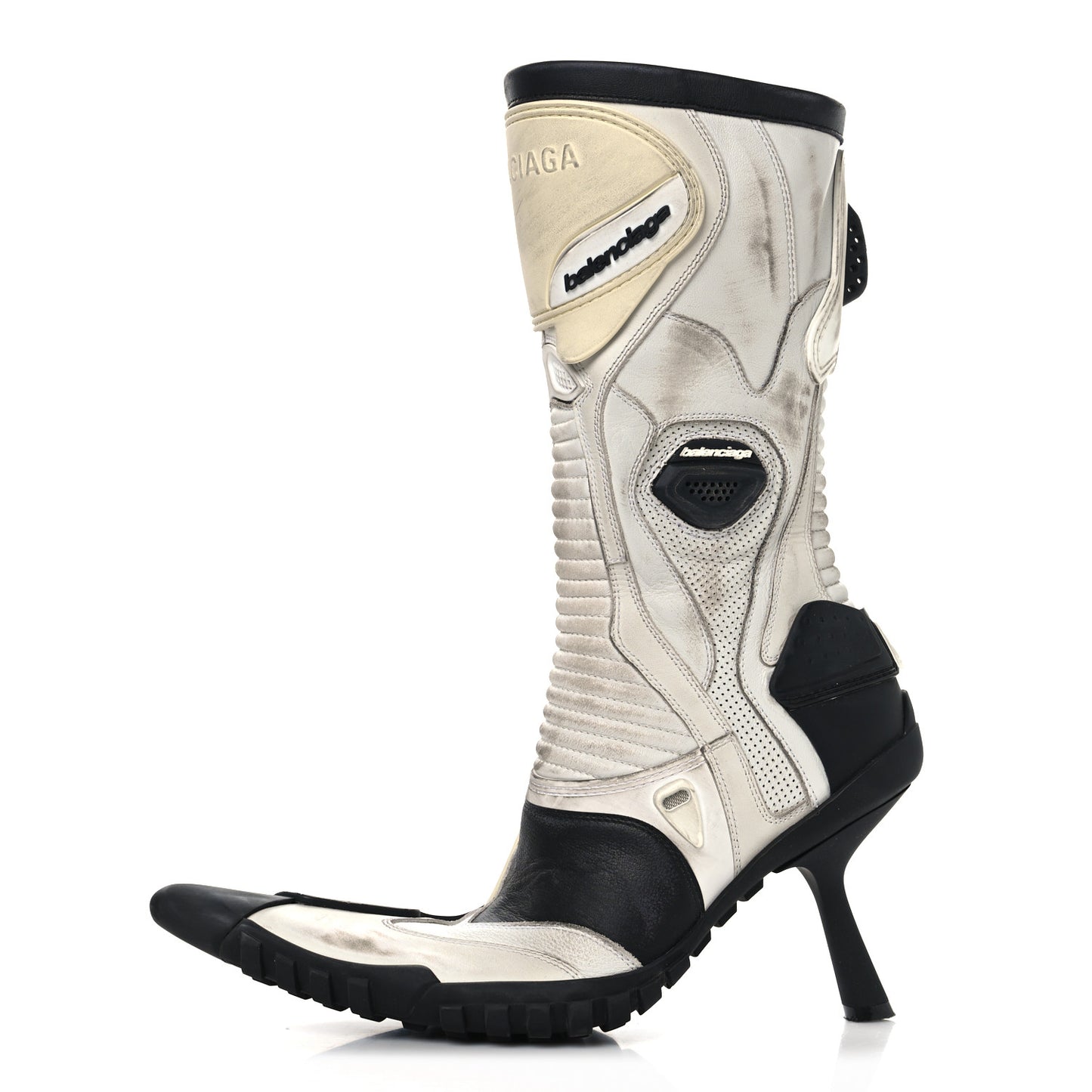 Calfskin Distressed Biker Boots 38 White Beige Black