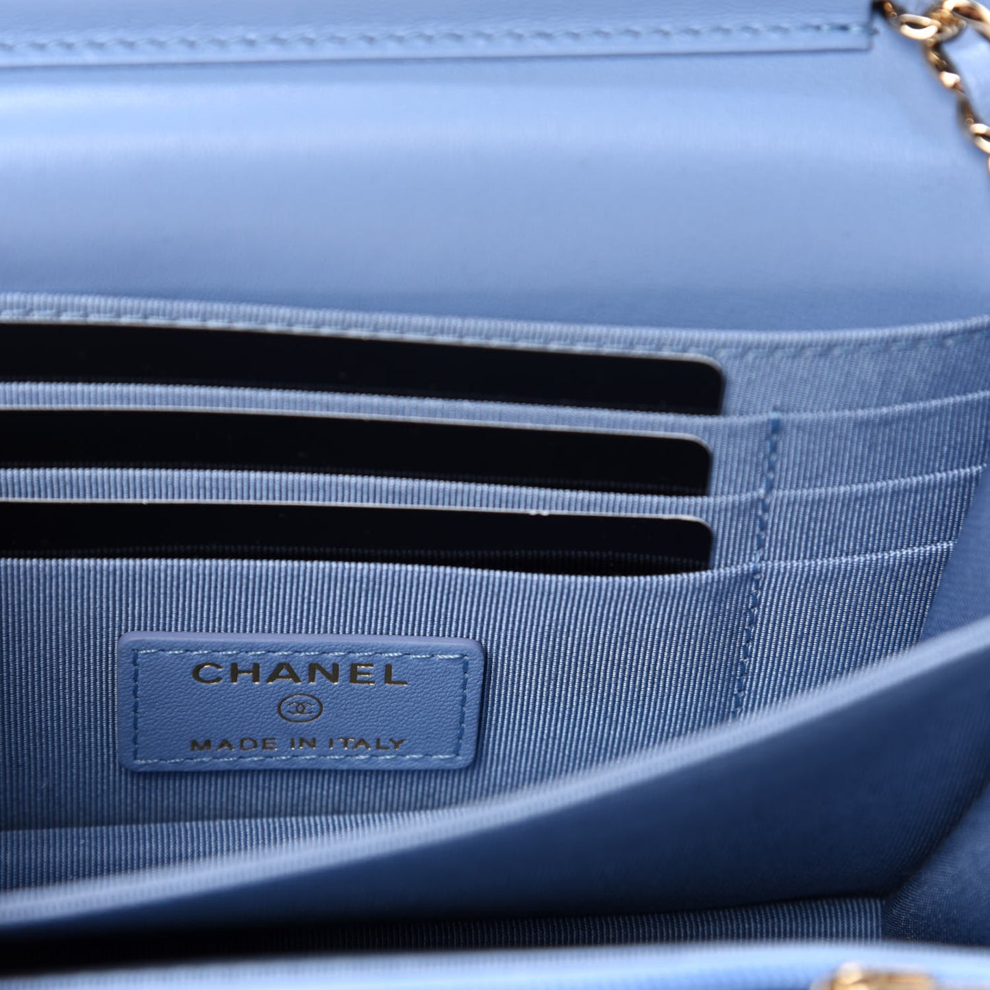 Lambskin Quilted Mini Wallet On Chain WOC Light Blue