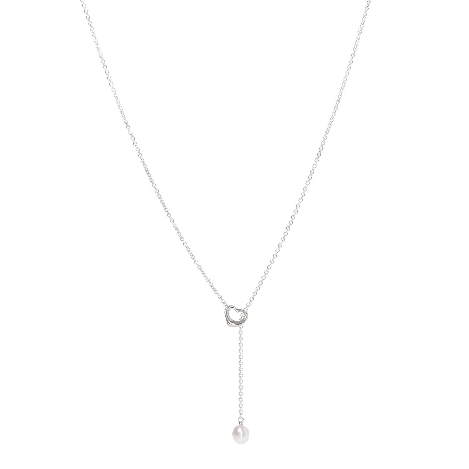 Tiffany Sterling Silver Pearl 9-9.5mm Elsa Peretti Open Heart Lariat Necklace 1 of 6
