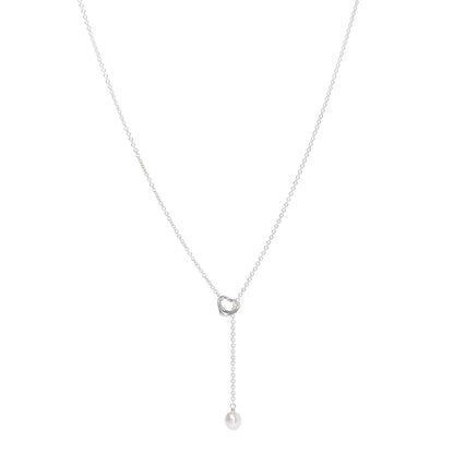 Tiffany Sterling Silver Pearl 9-9.5mm Elsa Peretti Open Heart Lariat Necklace 1 of 6