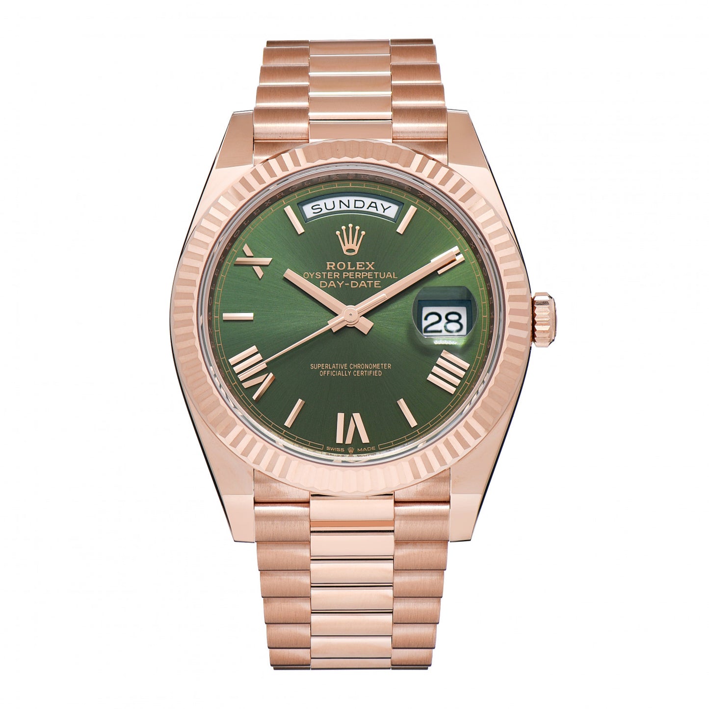 18K Everose Gold 40mm Oyster Perpetual Day-Date President Watch Olive Green 228235