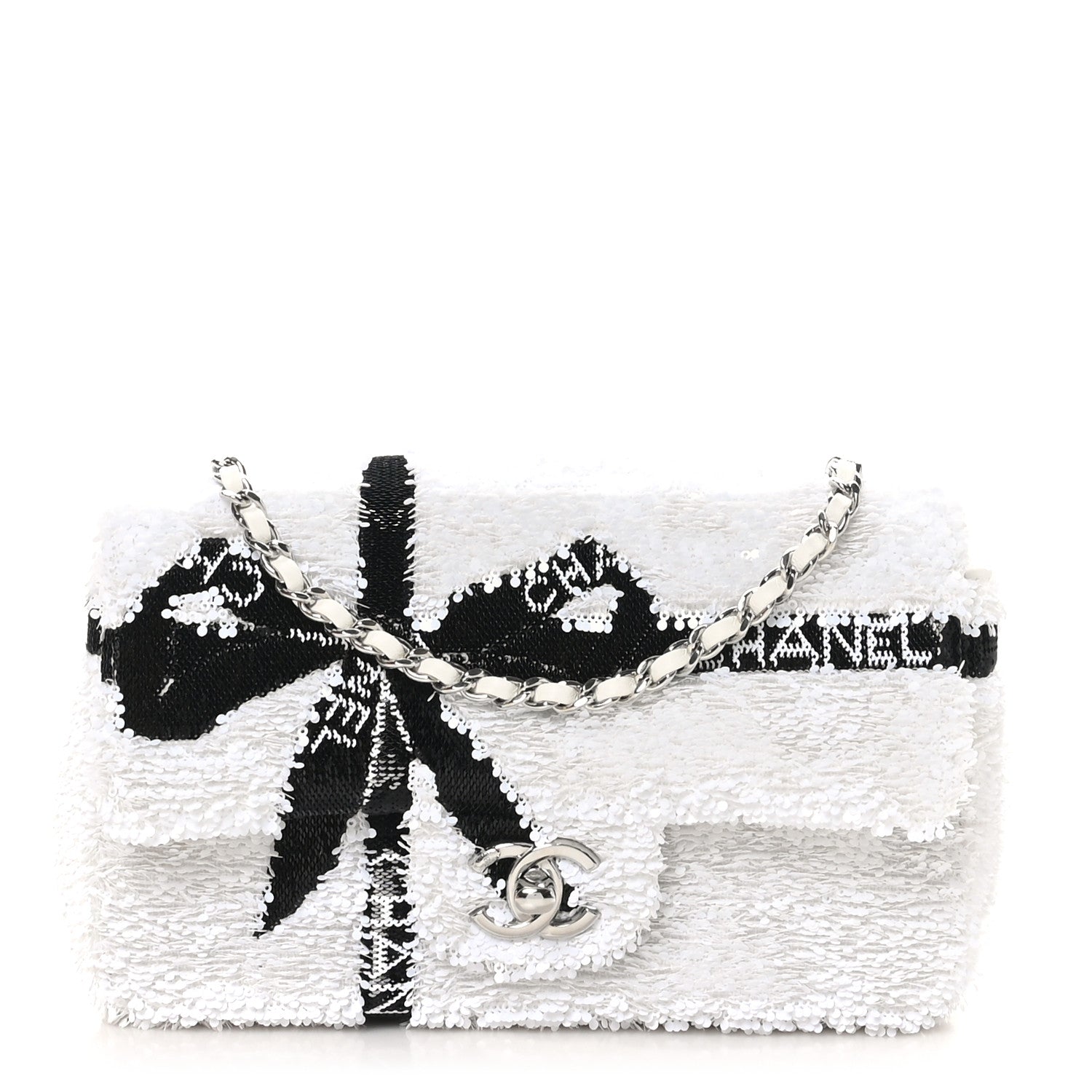 Chanel Sequin Ribbon Mini Rectangular Flap White Black 1 of 11