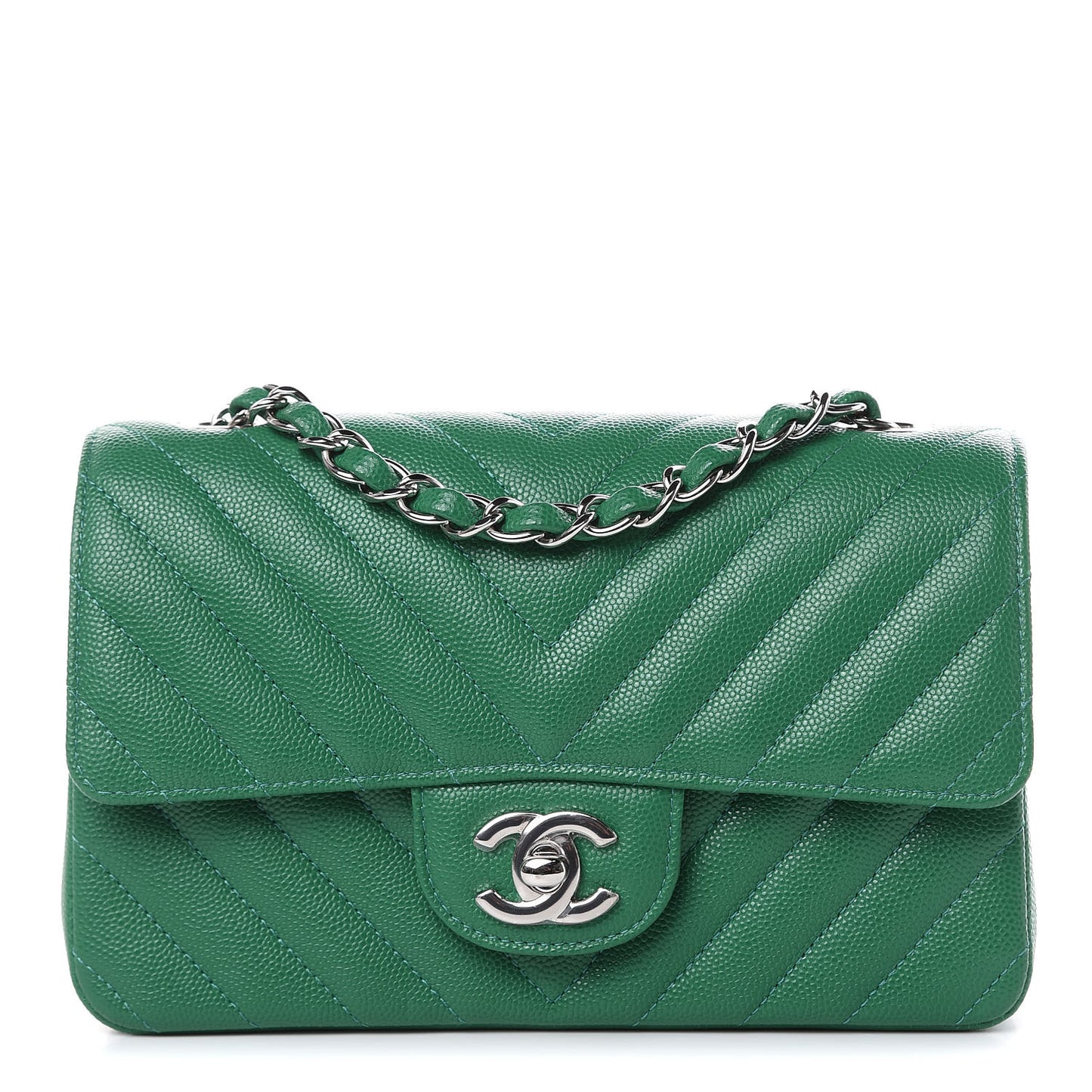 Caviar Chevron Quilted Mini Rectangular Flap Dark Green