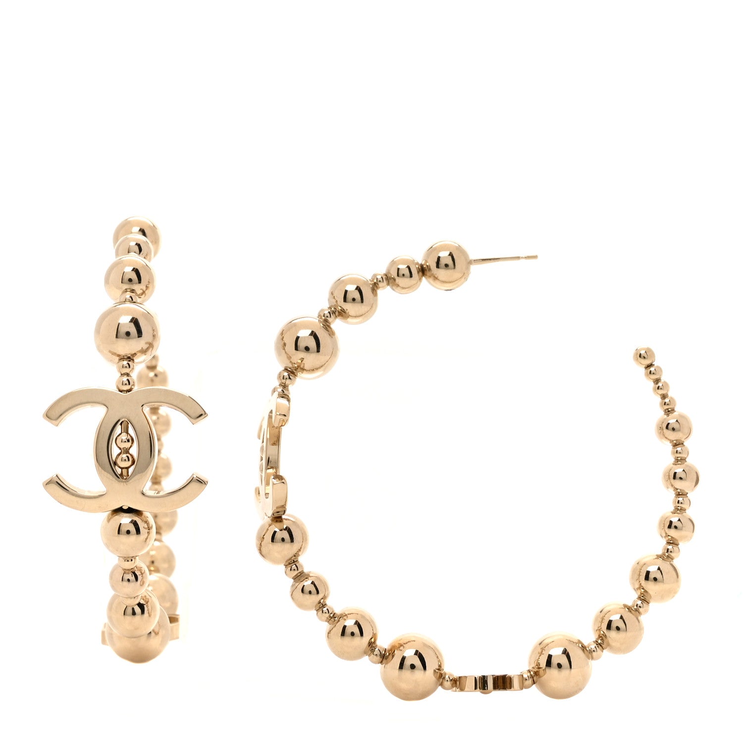 Chanel Metal Bead CC Hoop Earrings Gold 1 of 16