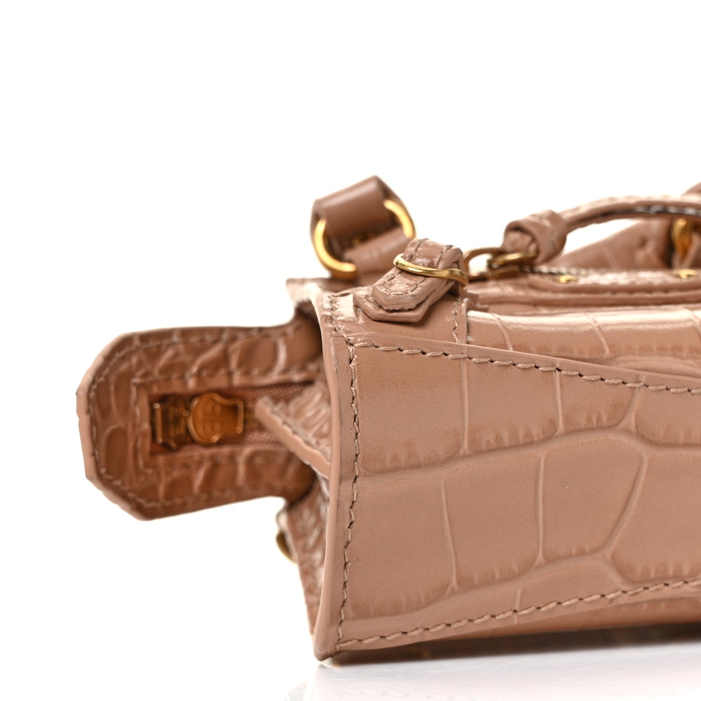 Shiny Supple Calfskin Crocodile Embossed Neo Classic Gold Hardware Super Nano City Crossbody Nude Beige