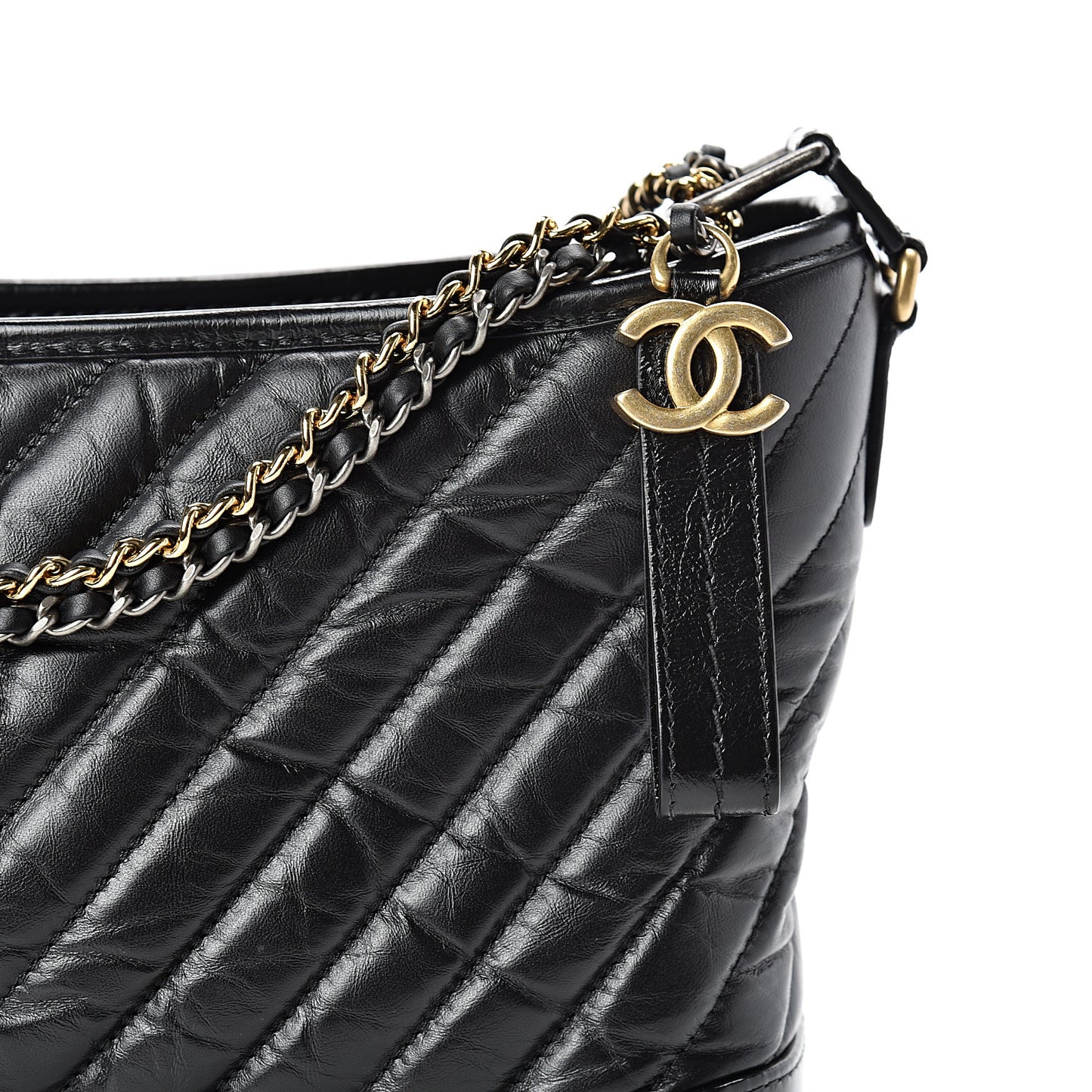 Aged Calfskin Chevron Quilted Medium Gabrielle Hobo Black