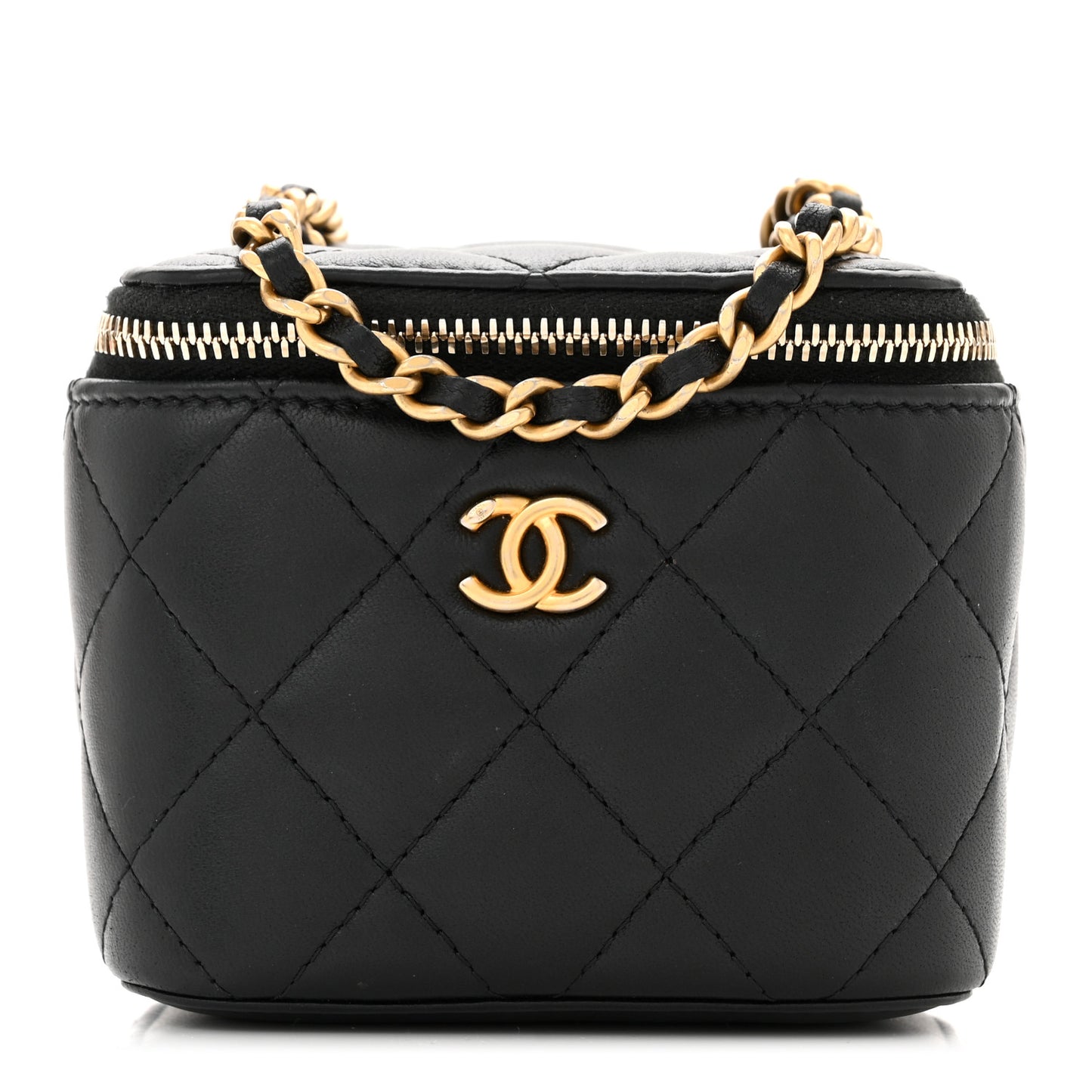 Lambskin Quilted Mini Pearl Crush Vanity Case With Chain Black