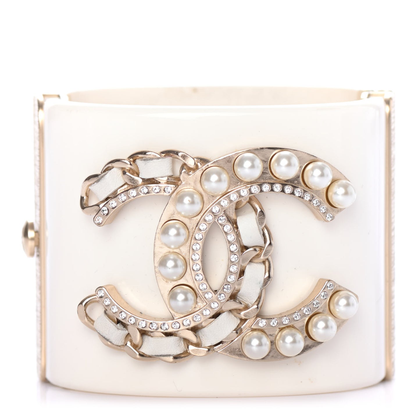Resin Crystal Pearl Lambskin CC Cuff White