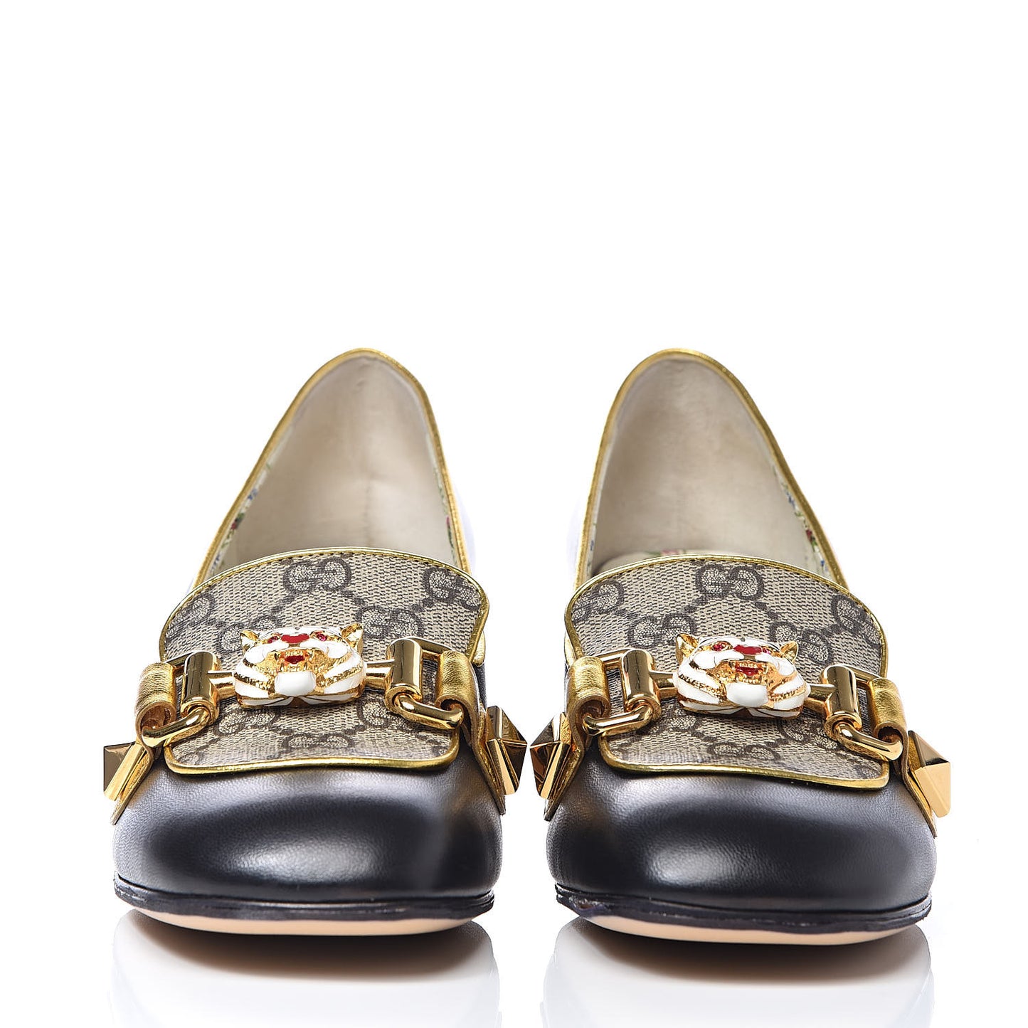 Malaga Kid Nappa GG Supreme Monogram Tiger Head Mid Heel Loafer Pumps 35.5 Black Oro Vecchio Beige