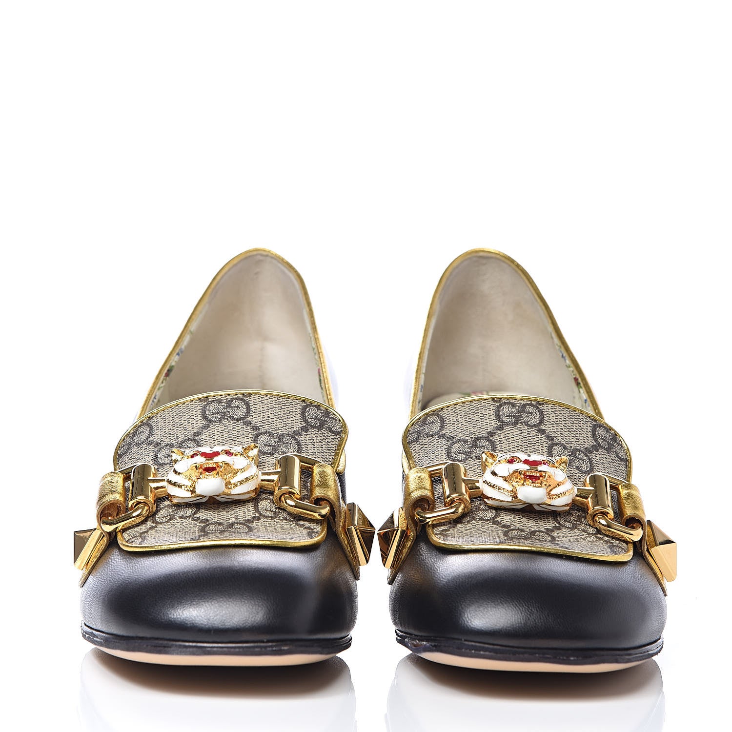 Gucci Malaga Kid Nappa GG Supreme Monogram Tiger Head Mid Heel Loafer Pumps 35.5 Black Oro Vecchio Beige 2 of 9