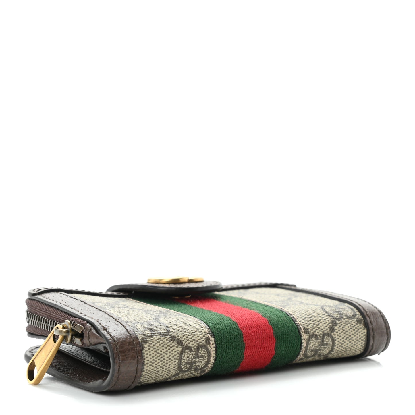 GG Supreme Monogram Textured Dollar Calfskin Web Ophidia Overlay Zip Around Card Case Wallet Beige Ebony New Acero