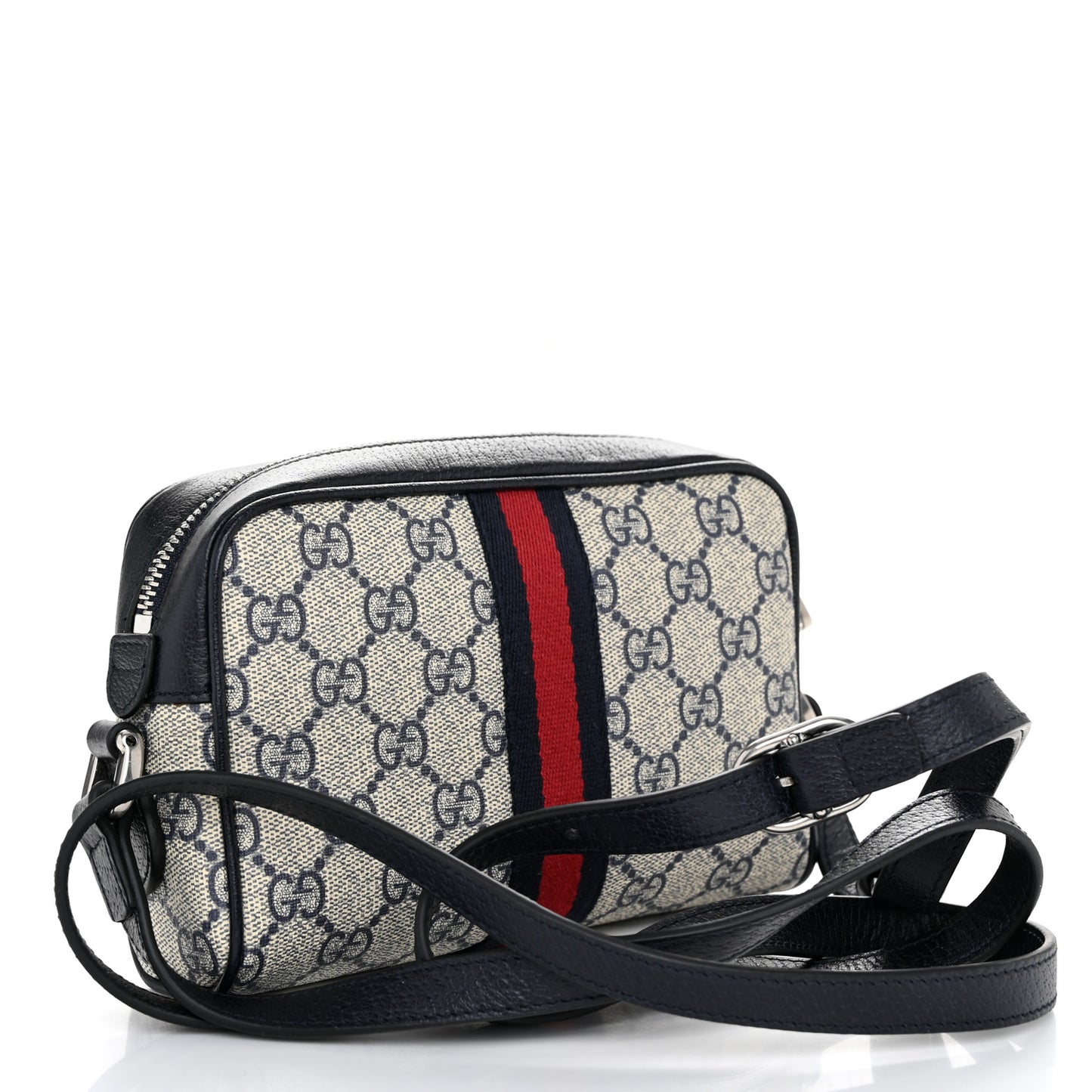 GG Supreme Monogram Textured Dollar Calfskin Web Mini Ophidia Shoulder Bag Beige Blue