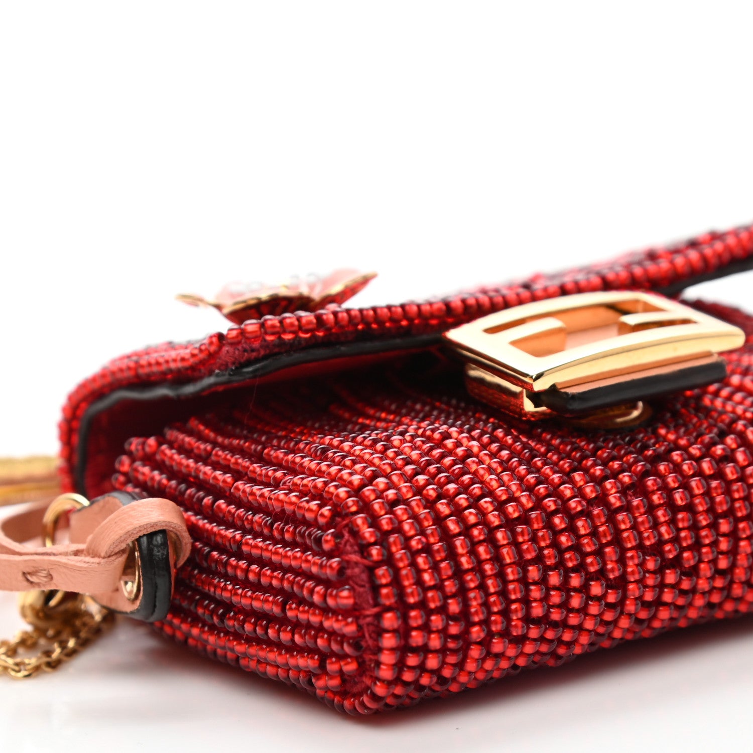 Fendi Enamel Nappa Beaded Flower Embroidered Pico Baguette Charm Rosso Albicocca 7 of 9