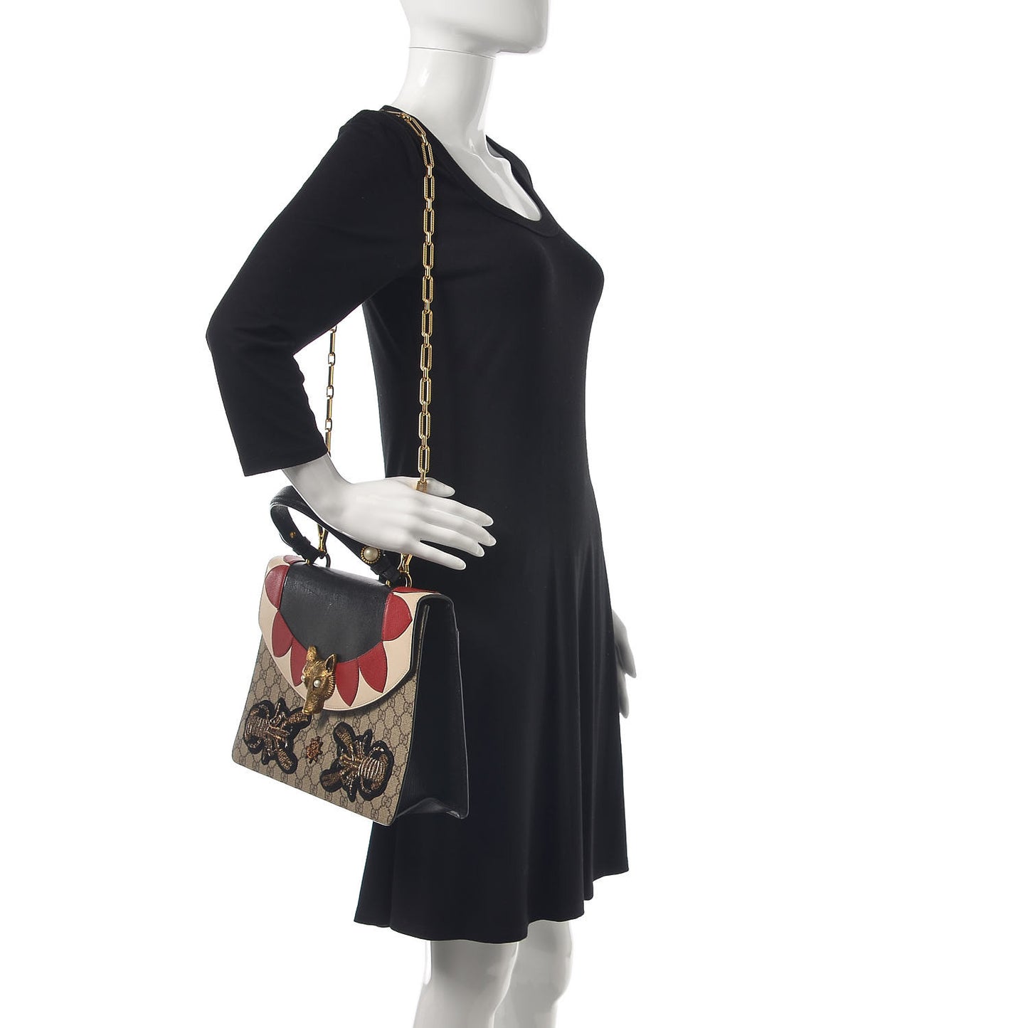 GG Supreme Monogram Goatskin Pearl Embroidered Medium Fox Broche Top Handle Bag Beige Ebony Black Hibiscus Red Mystic White