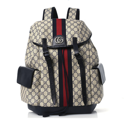 Gucci GG Supreme Monogram Medium Ophidia Double Buckle Backpack Beige Blue Black 1 of 12