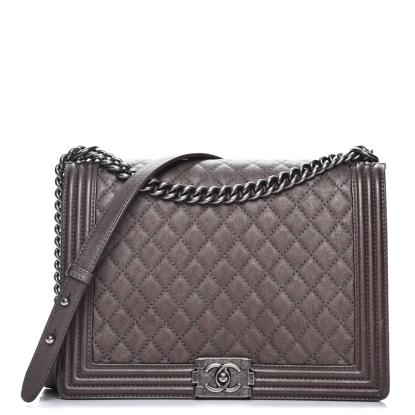 Metallic Calfskin Quilted Large Boy Flap Dark Silver