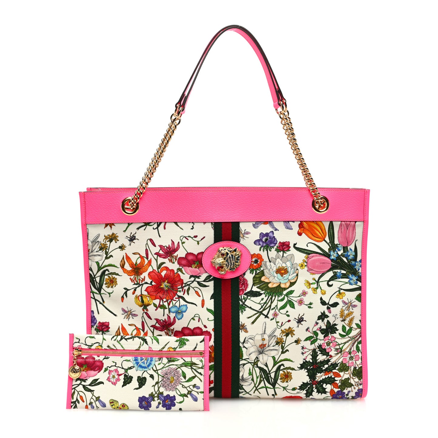 Canvas Flora Large Rajah Chain Tote White Multicolor Fuxia Fluo