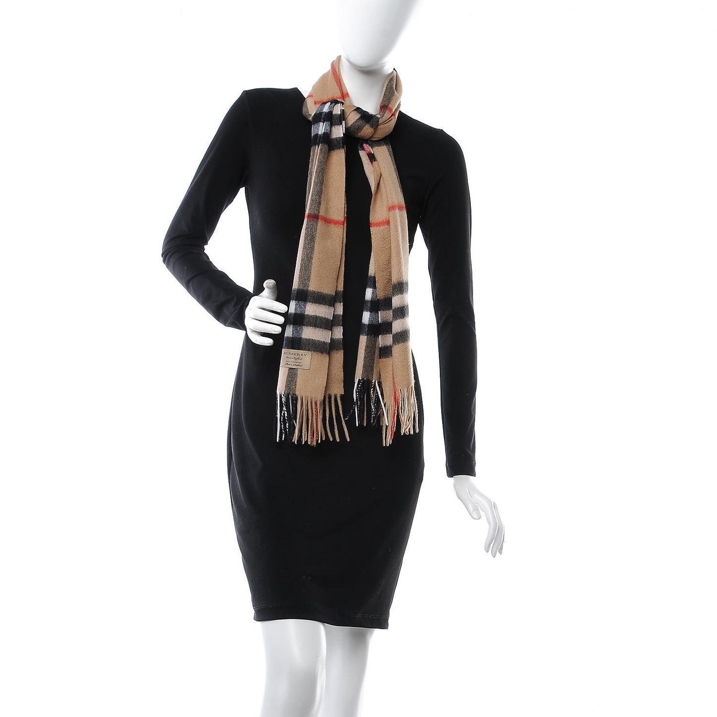 Cashmere Giant Check Fringe Scarf Camel