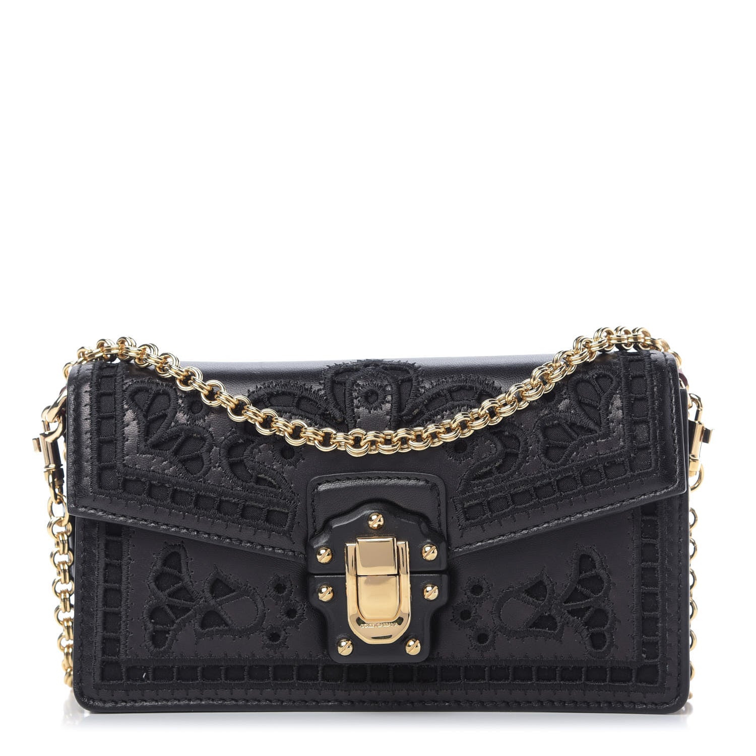 Dolce & Gabbana Calfskin Lace Embroidered Lucia Mini Clutch Shoulder Bag Black 1 of 8