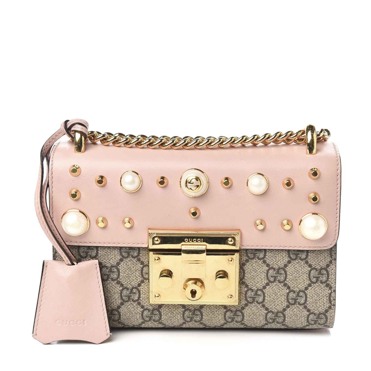 Gucci GG Supreme Monogram Calfskin Studded Small Padlock Shoulder Bag Beige Perfect Pink 1 of 9