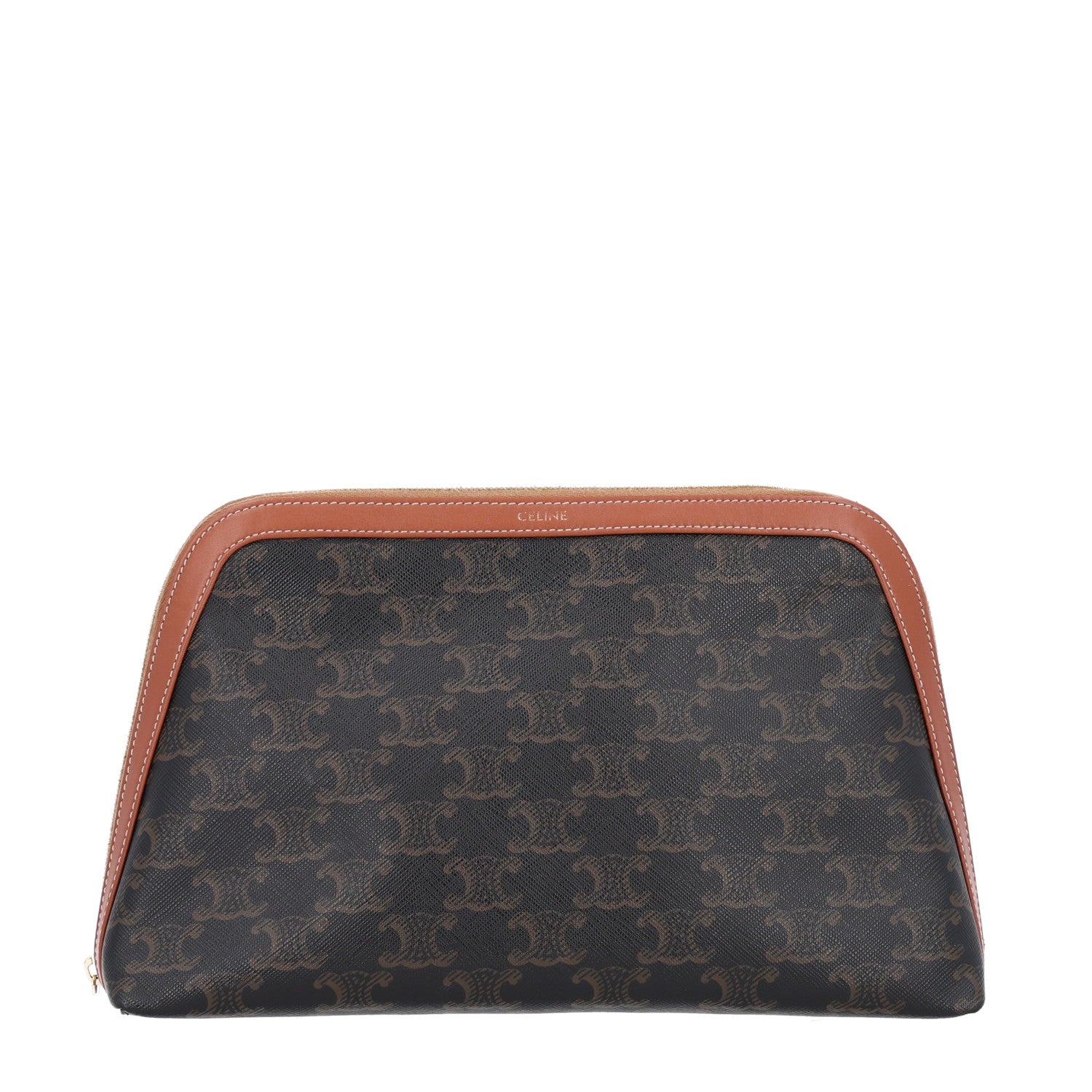 Celine Triomphe Canvas Calfskin Large Cosmetic Pouch Tan 1 of 10