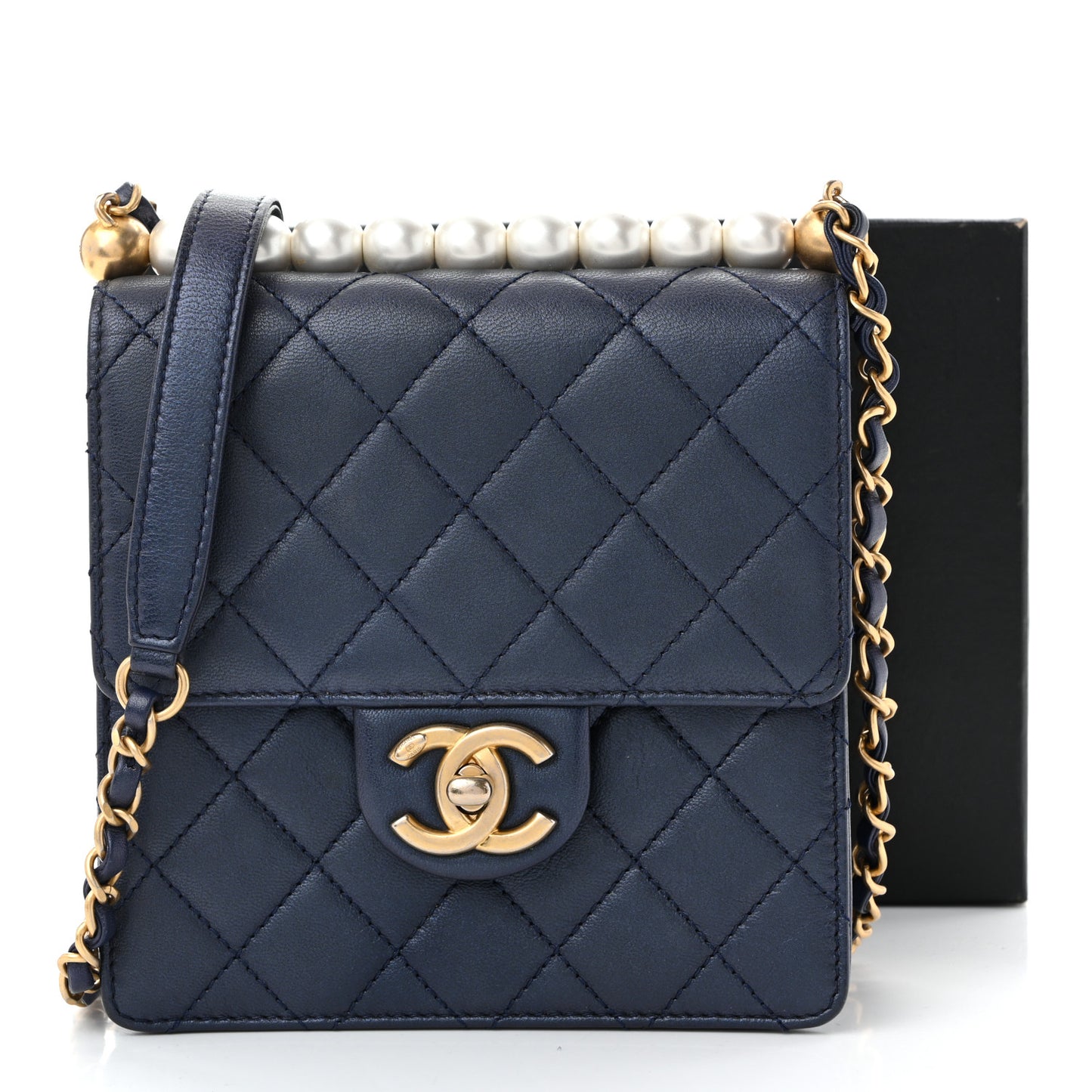 Iridescent Lambskin Quilted Chic Pearls Flap Navy Blue