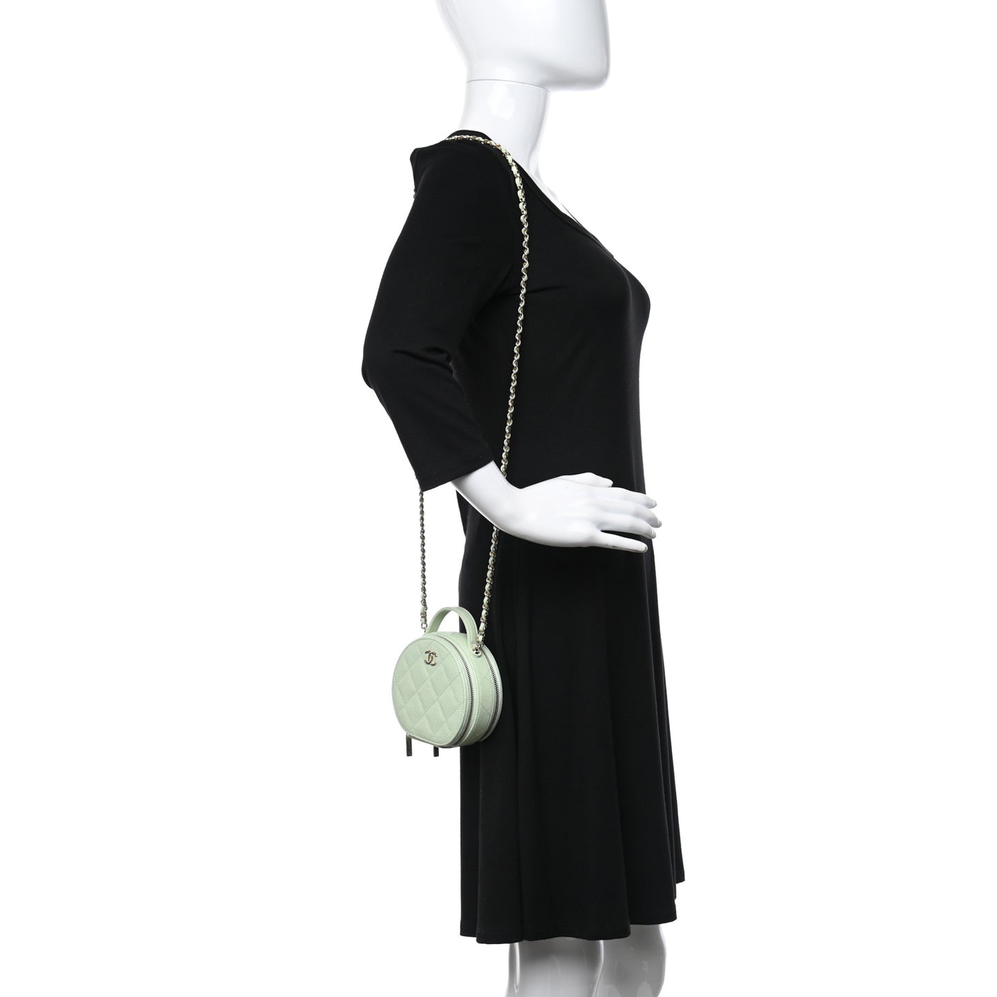 Caviar Quilted Round Handle With Care Vanity With Chain Light Green