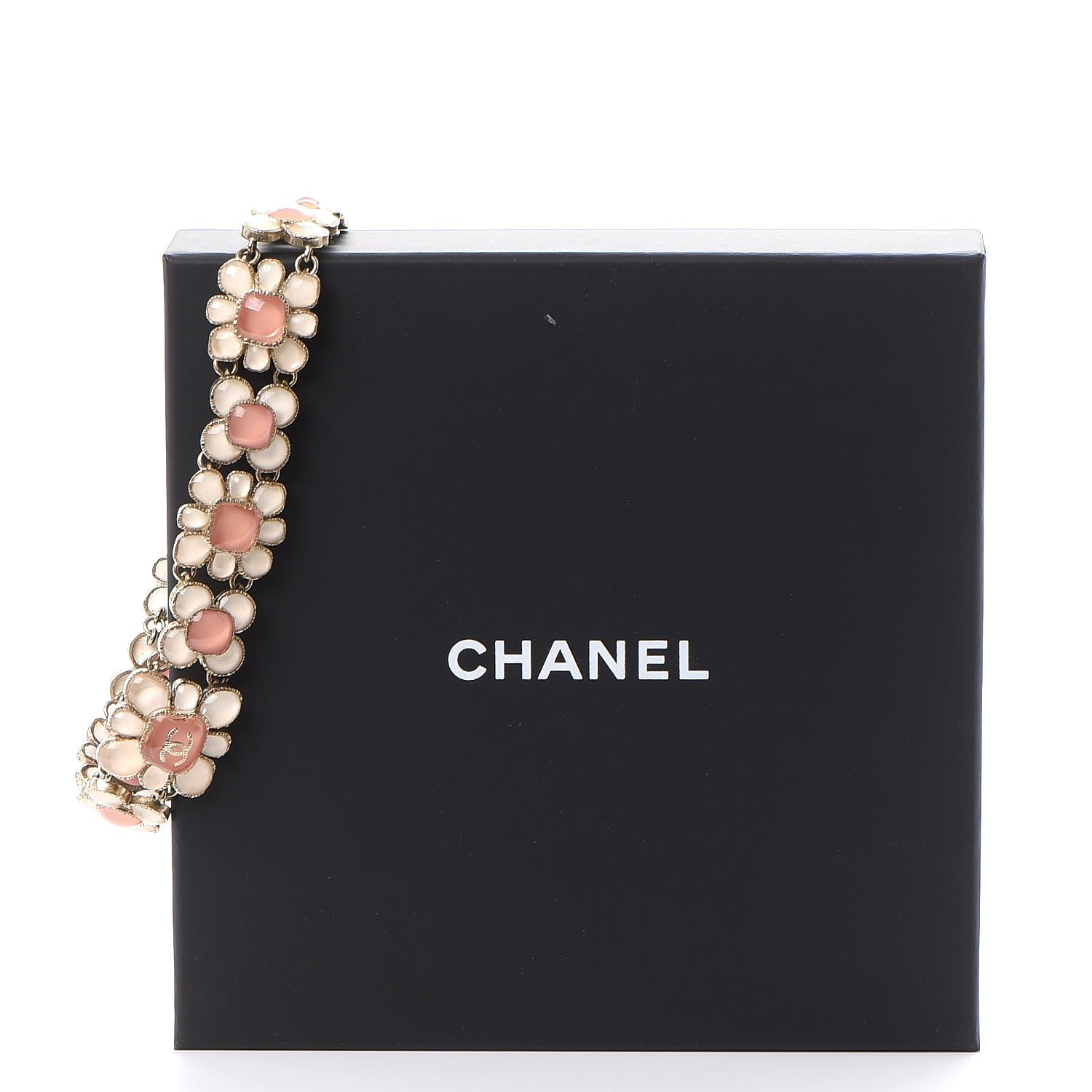 Chanel Gripoix Poured Glass CC Korean Blossom Choker Necklace Gold Pink White 9 of 9