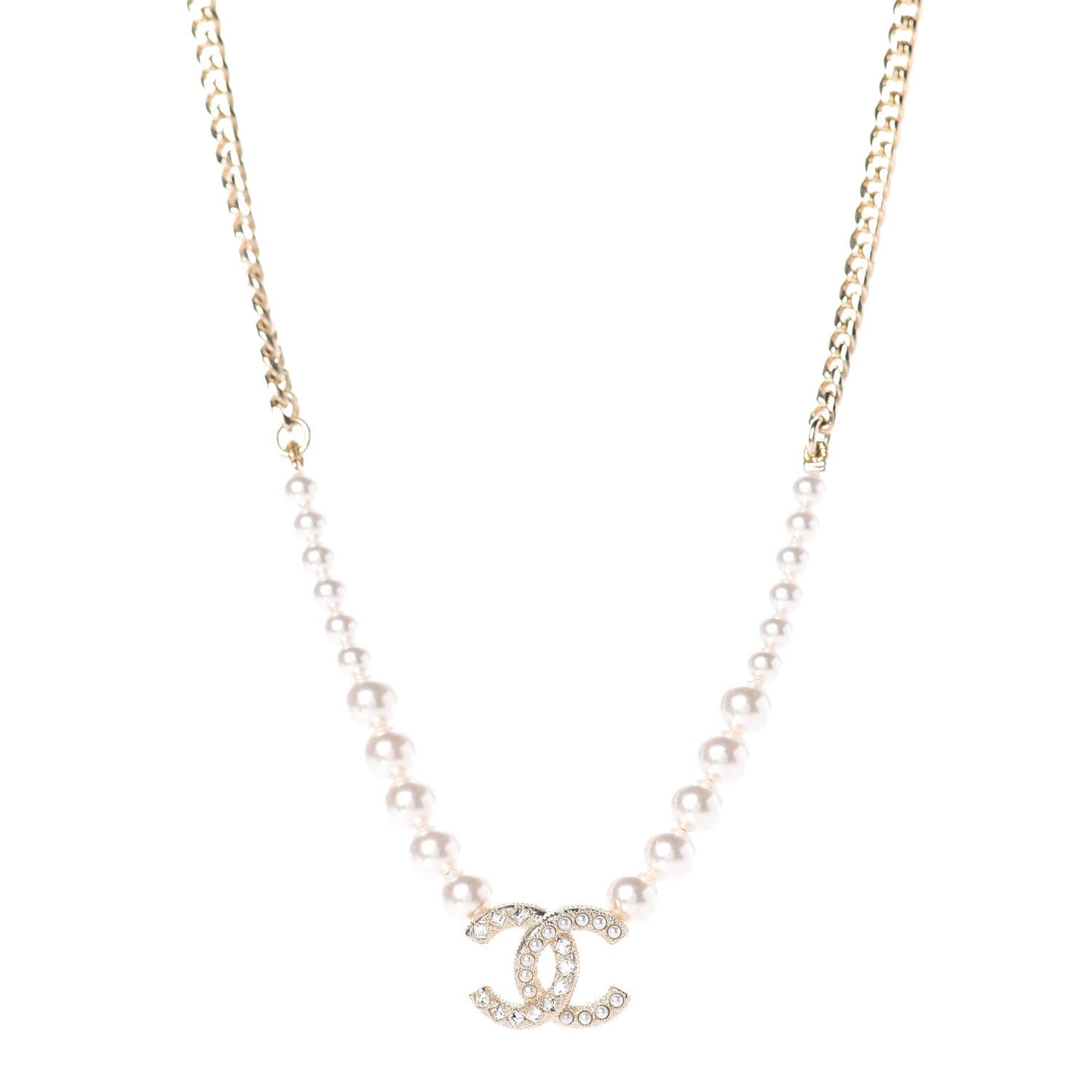Pearl Crystal Chain CC Necklace Gold