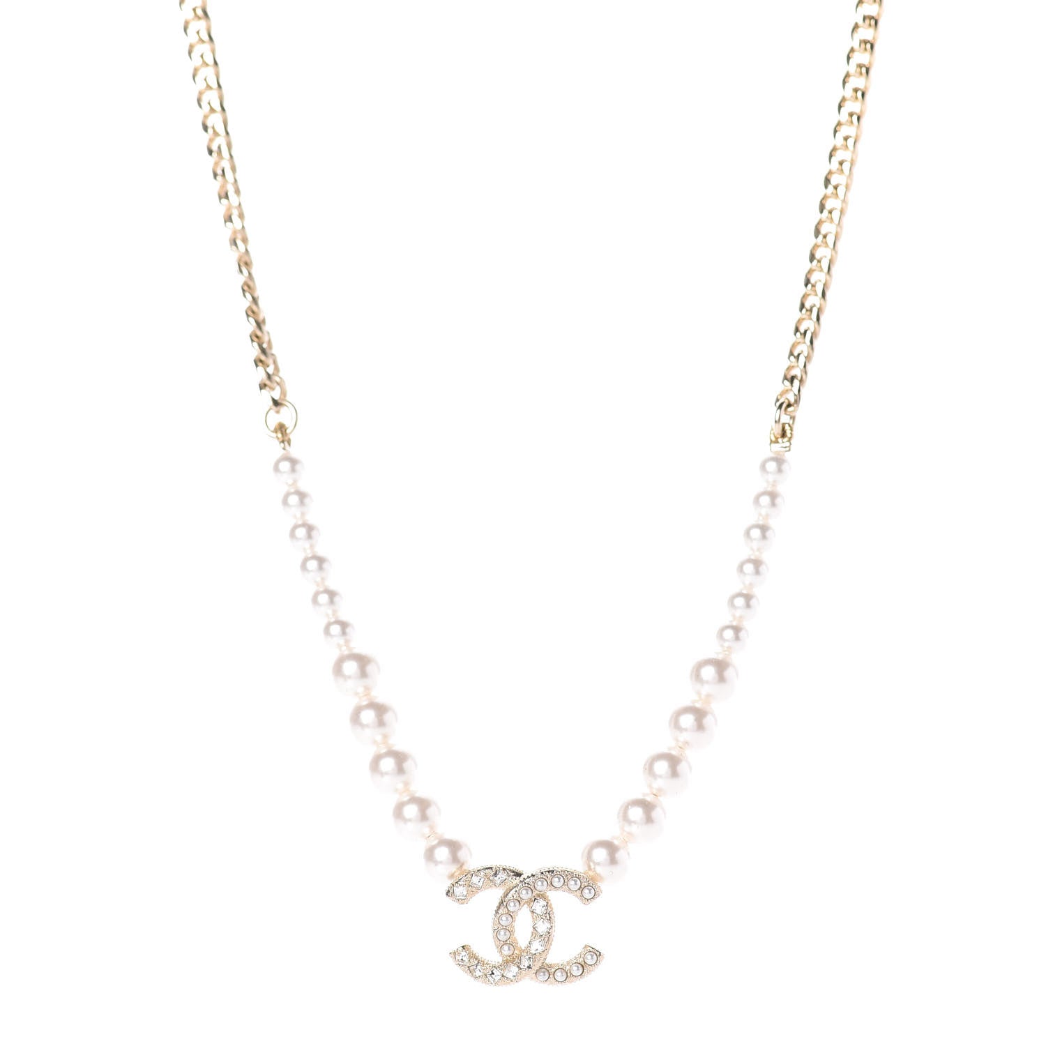 Chanel Pearl Crystal Chain CC Necklace Gold 1 of 7