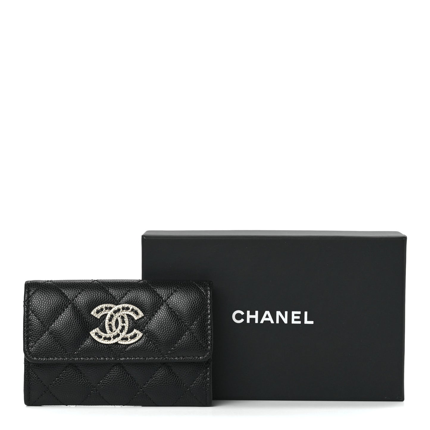 Caviar Quilted Crystal CC Flap Card Holder Black