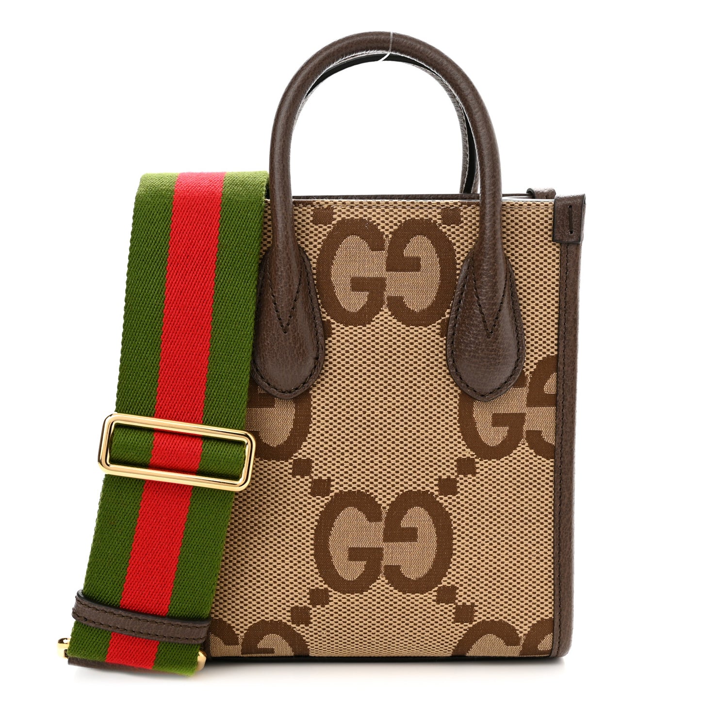 Monogram Jumbo GG Textured Dollar Calfskin Web Mini Vertical Tote Camel Ebony New Acero