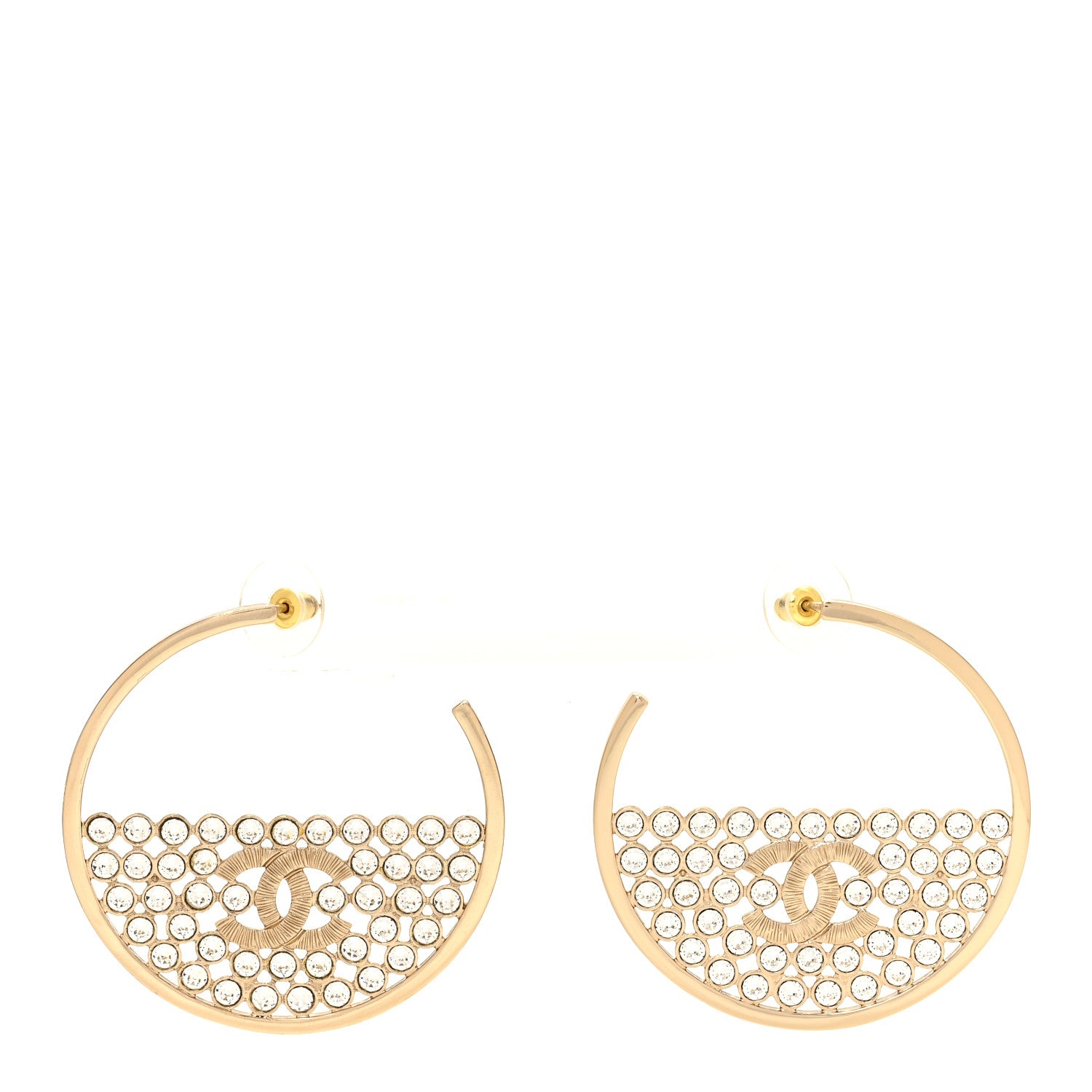 Chanel Metal Strass Crystal CC Hoop Earrings Light Gold 1 of 5