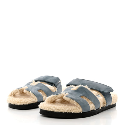 Hermes Suede Goatskin Woolskin Womens Chypre Sandals 38 Bleu Pinede Ecru 3 of 11