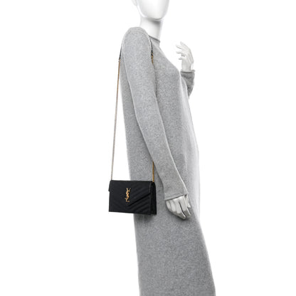 Saint Laurent Grain De Poudre Matelasse Chevron Monogram Envelope Chain Wallet Black 2 of 15
