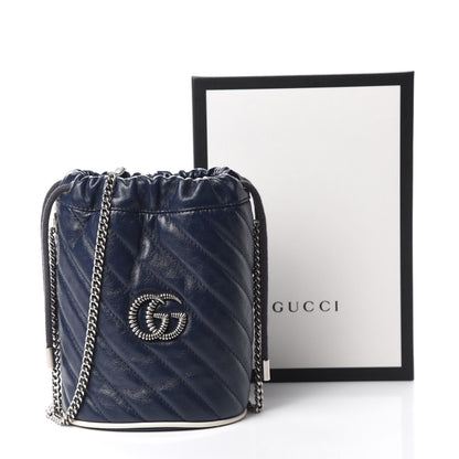 Gucci Vintage Effect Calfskin Matelasse Diagonal Mini Torchon GG Marmont 2.0 Bucket Bag Blue Agata Mystic White 11 of 11