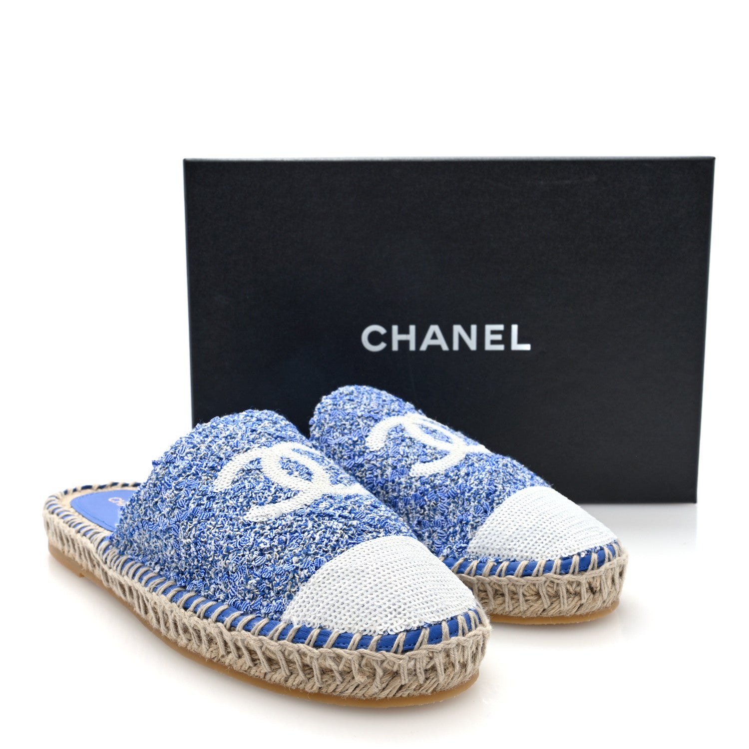 Chanel Tweed Sequin Cap Toe CC Espadrilles Mule 40 Blue White 10 of 10