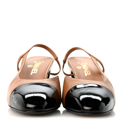 Chanel Calfskin Crocodile Embossed Patent Cap Toe CC Slingback Pumps 41.5 Light Brown Black 3 of 9