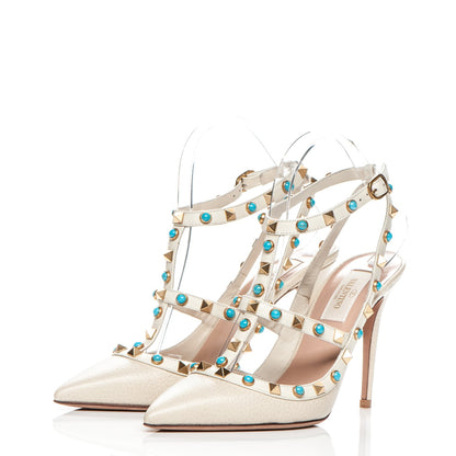 Valentino Garavani Pebbled Calfskin Turquoise Rockstud Rolling Ankle Strap 100mm Pumps 37.5 Ivory 3 of 7