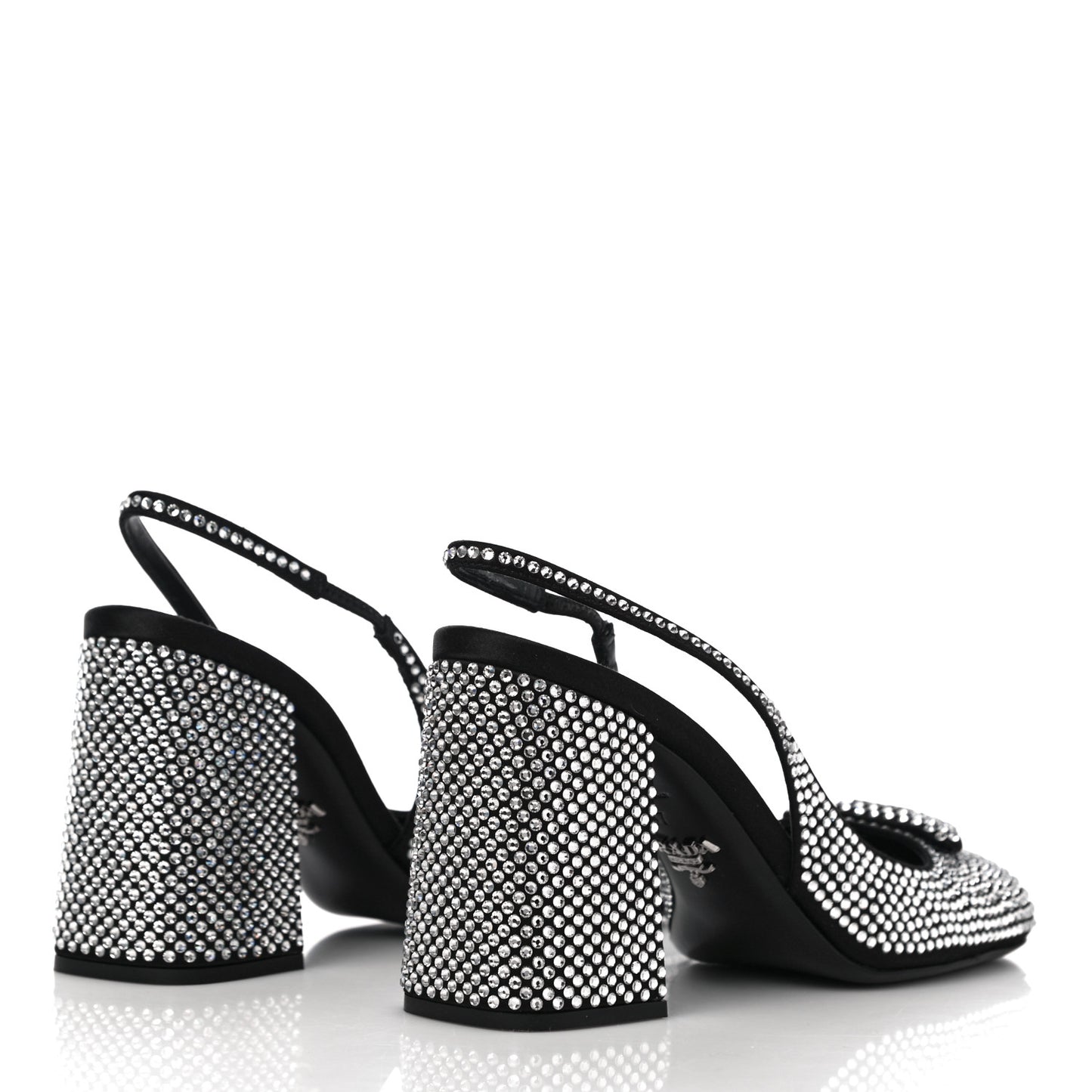 Satin Crystal Logo Block Heel 75mm Slingback Pumps 37 Cristal