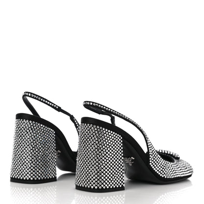 Prada Satin Crystal Logo Block Heel 75mm Slingback Pumps 37 Cristal 3 of 13