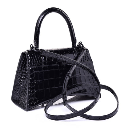 Balenciaga Shiny Calfskin Monochrome Crocodile Embossed Small Hourglass Top Handle Bag Black 3 of 9