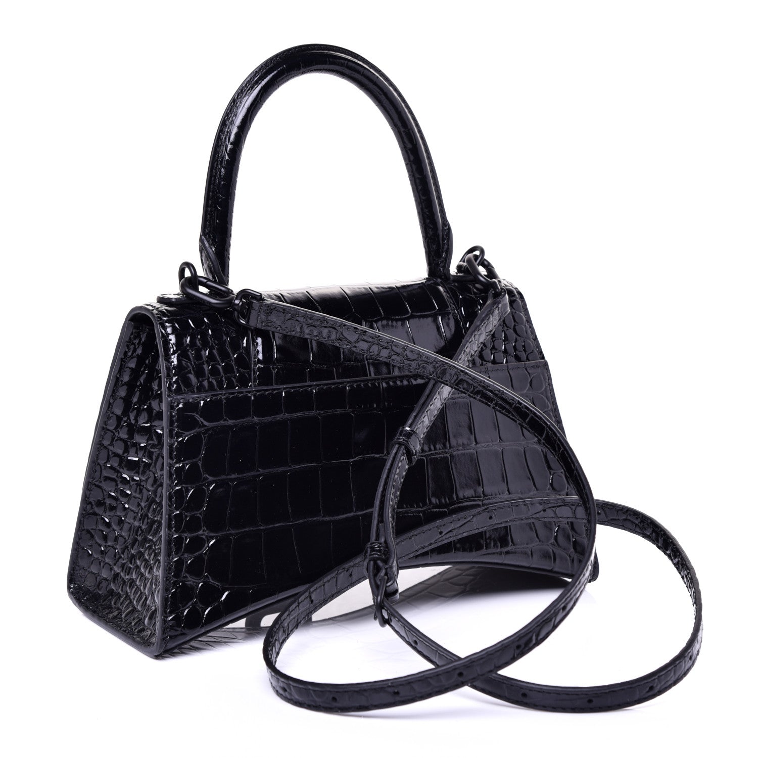 Balenciaga Shiny Calfskin Monochrome Crocodile Embossed Small Hourglass Top Handle Bag Black 3 of 9