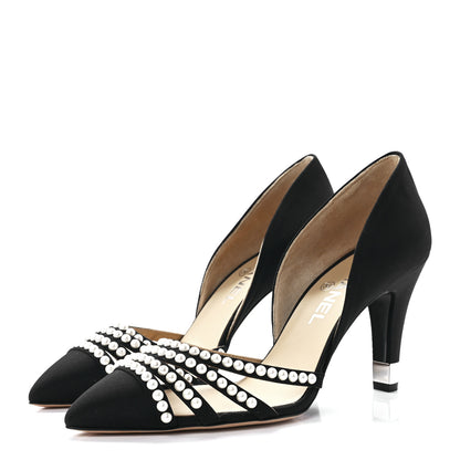 Chanel Satin Grosgrain Pearl Pumps 39 Black 3 of 7