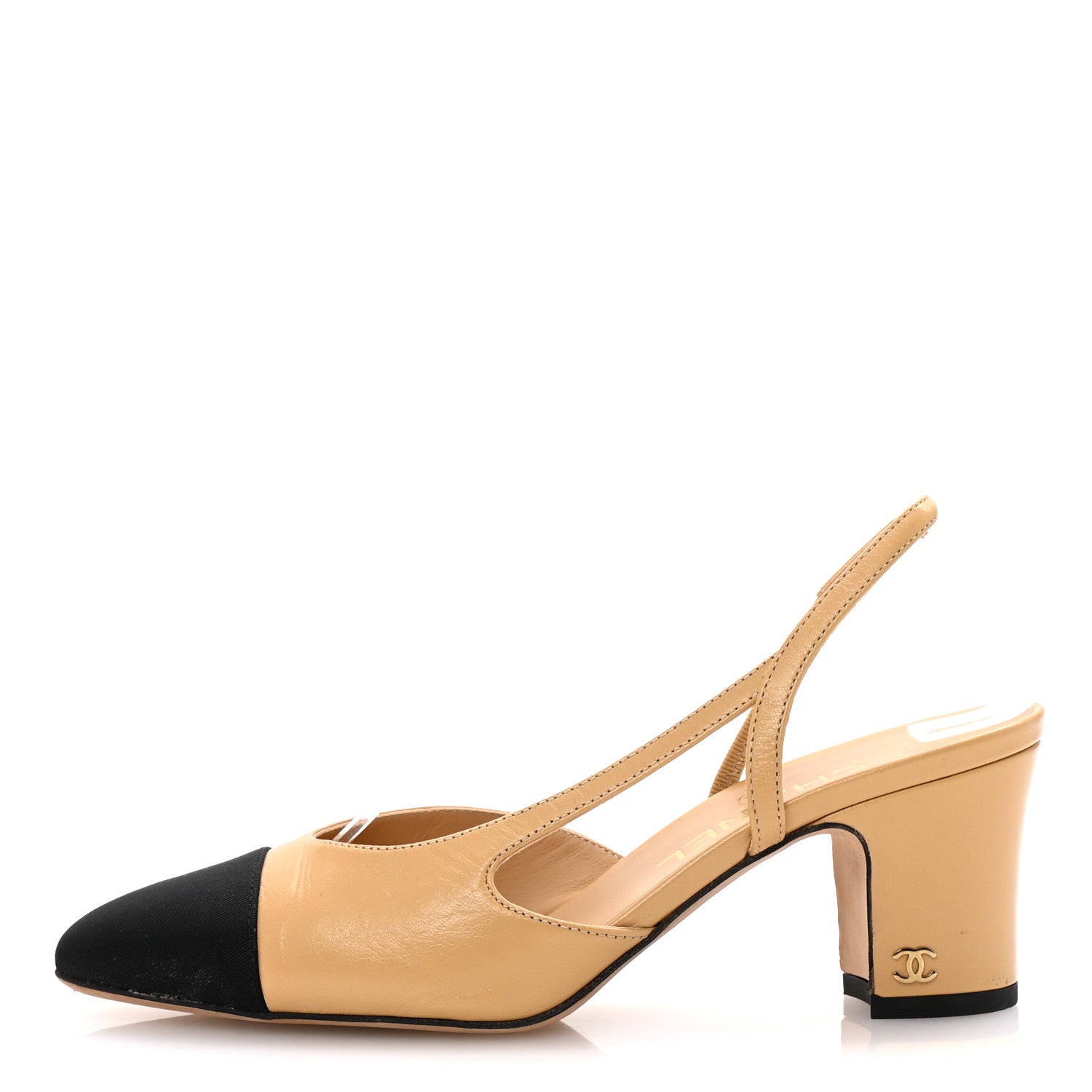 Chanel Goatskin Grosgrain Cap Toe CC Slingback Pumps 37 Beige Black 1 of 9