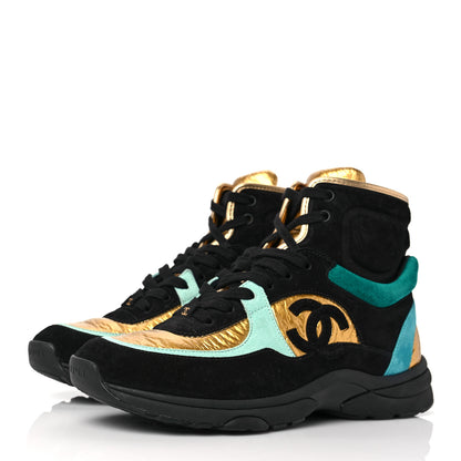 Chanel Suede Calfskin Fabric CC High Top Sneakers 39.5 Black Turquoise Gold 3 of 7
